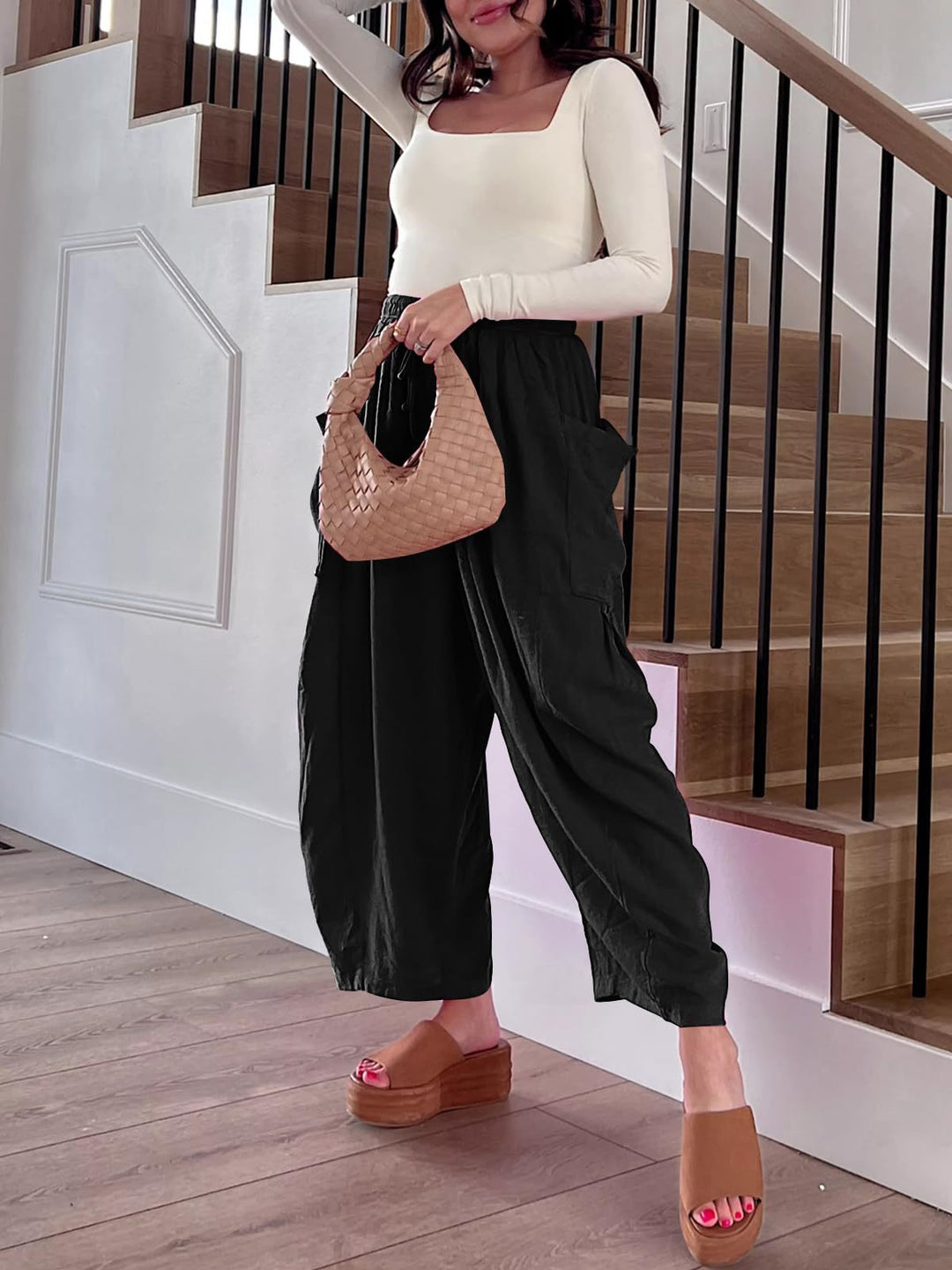 Black Wide Leg Casual Cargo Pants