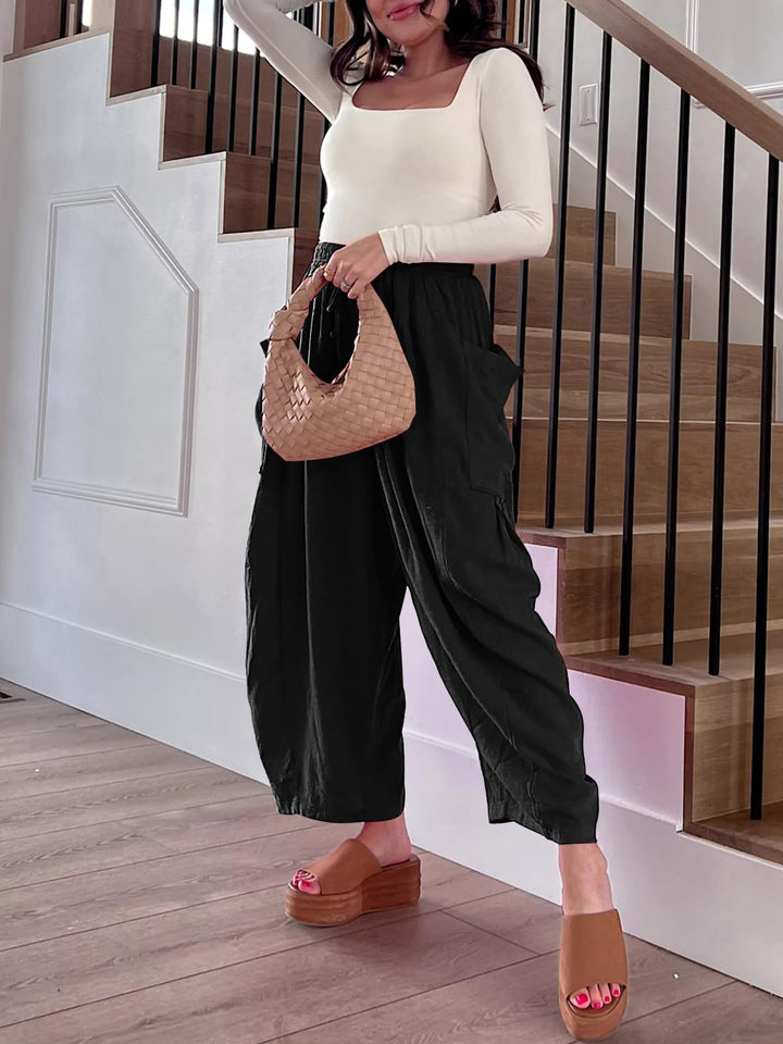 Black Wide Leg Casual Cargo Pants