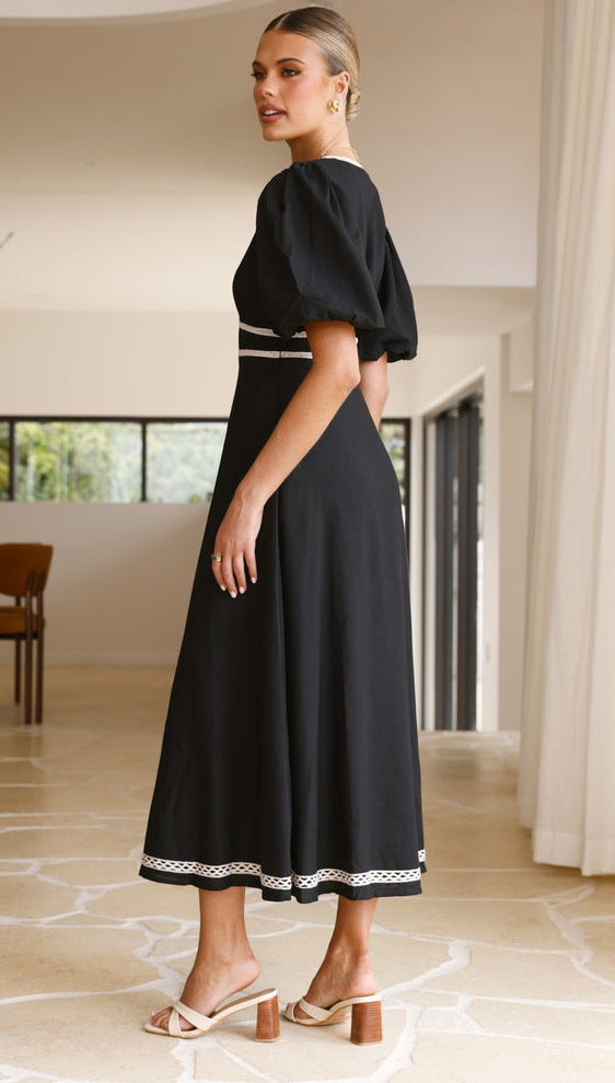Black Plunge Neck Contrast Binding Dress