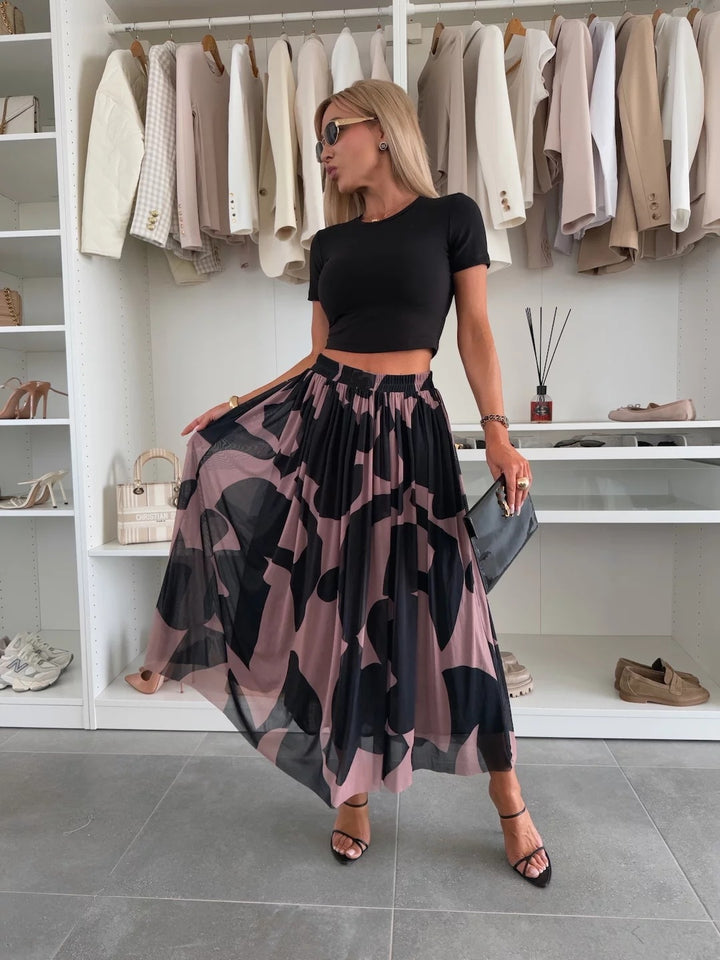 Black Printed Pleated Flowy Skirt