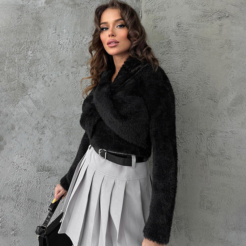 Black Fur Texture Crop Top