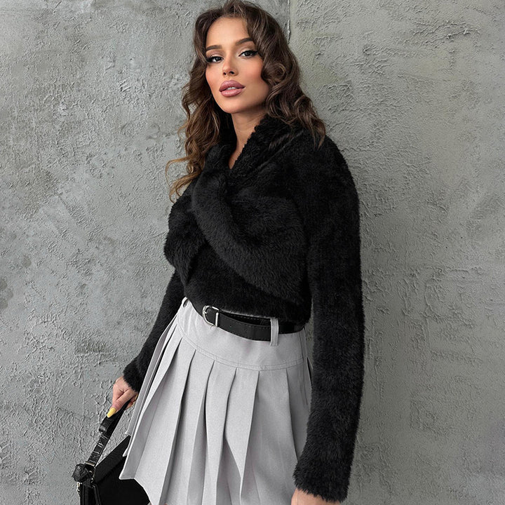 Black Fur Texture Crop Top