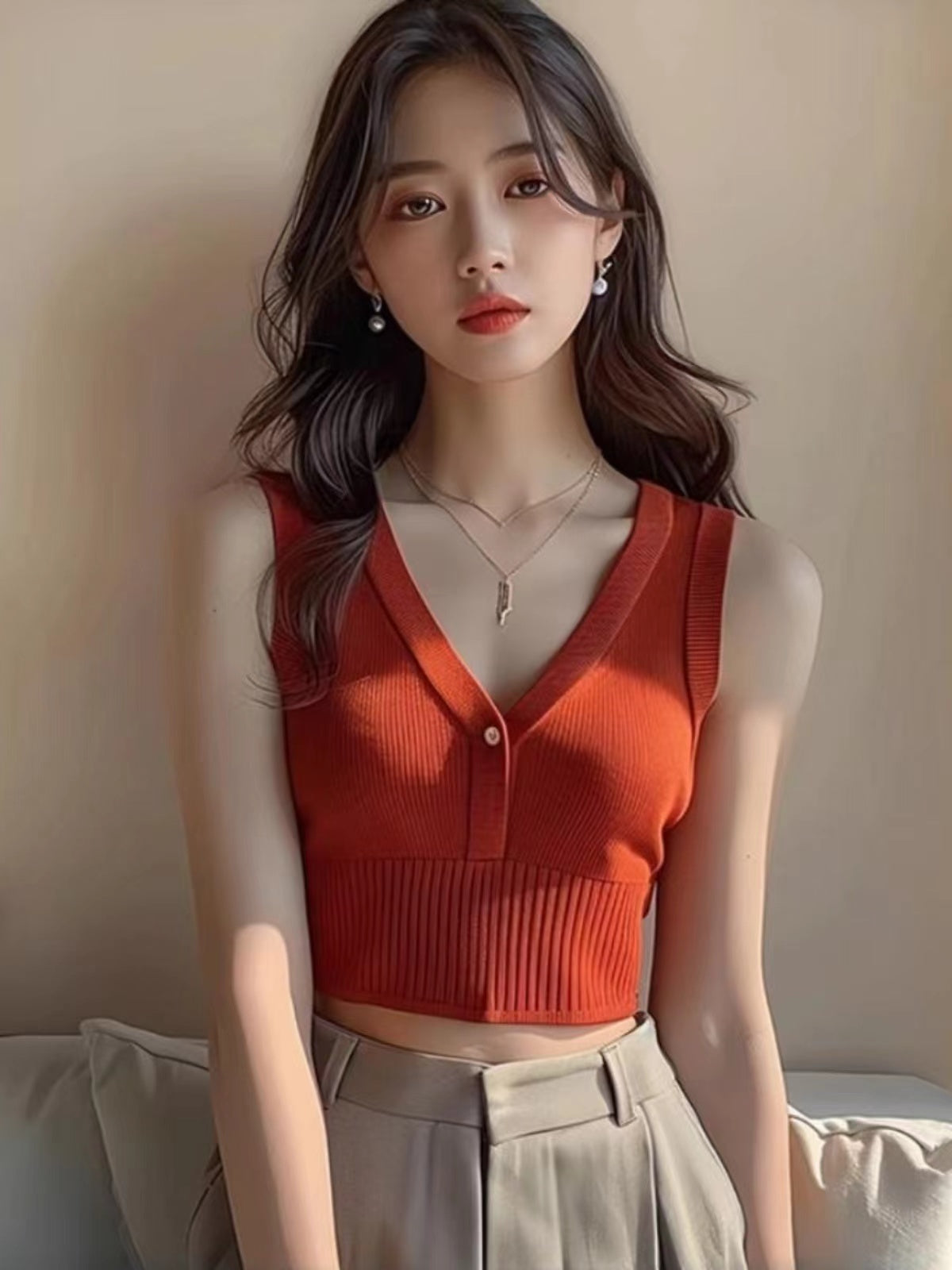 Orange Plunge Neck Tank Top