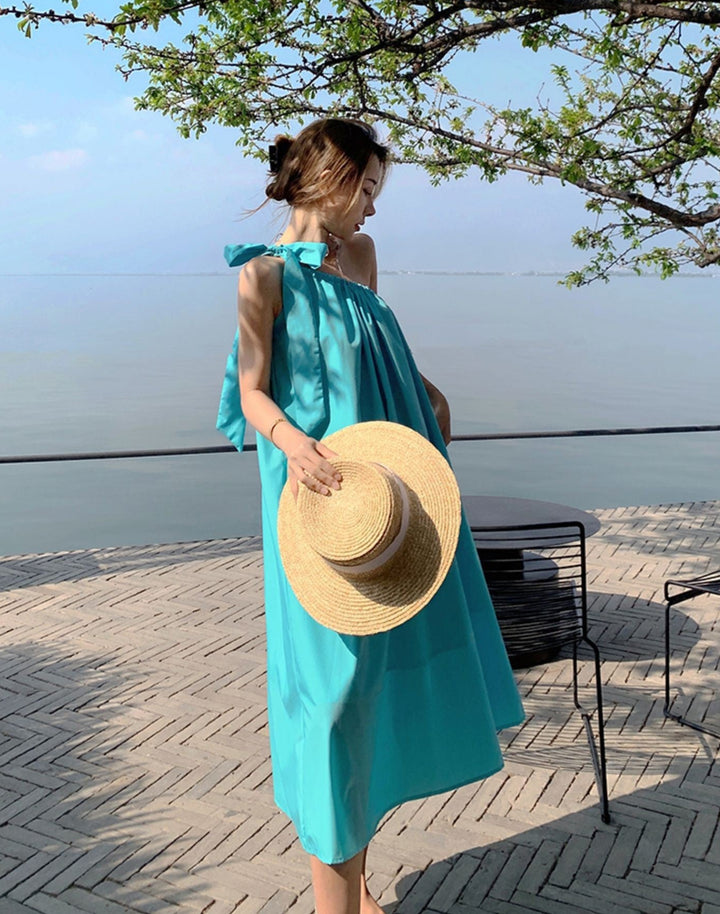 Blue One Shoulder Tie Up Flared Midi Dress