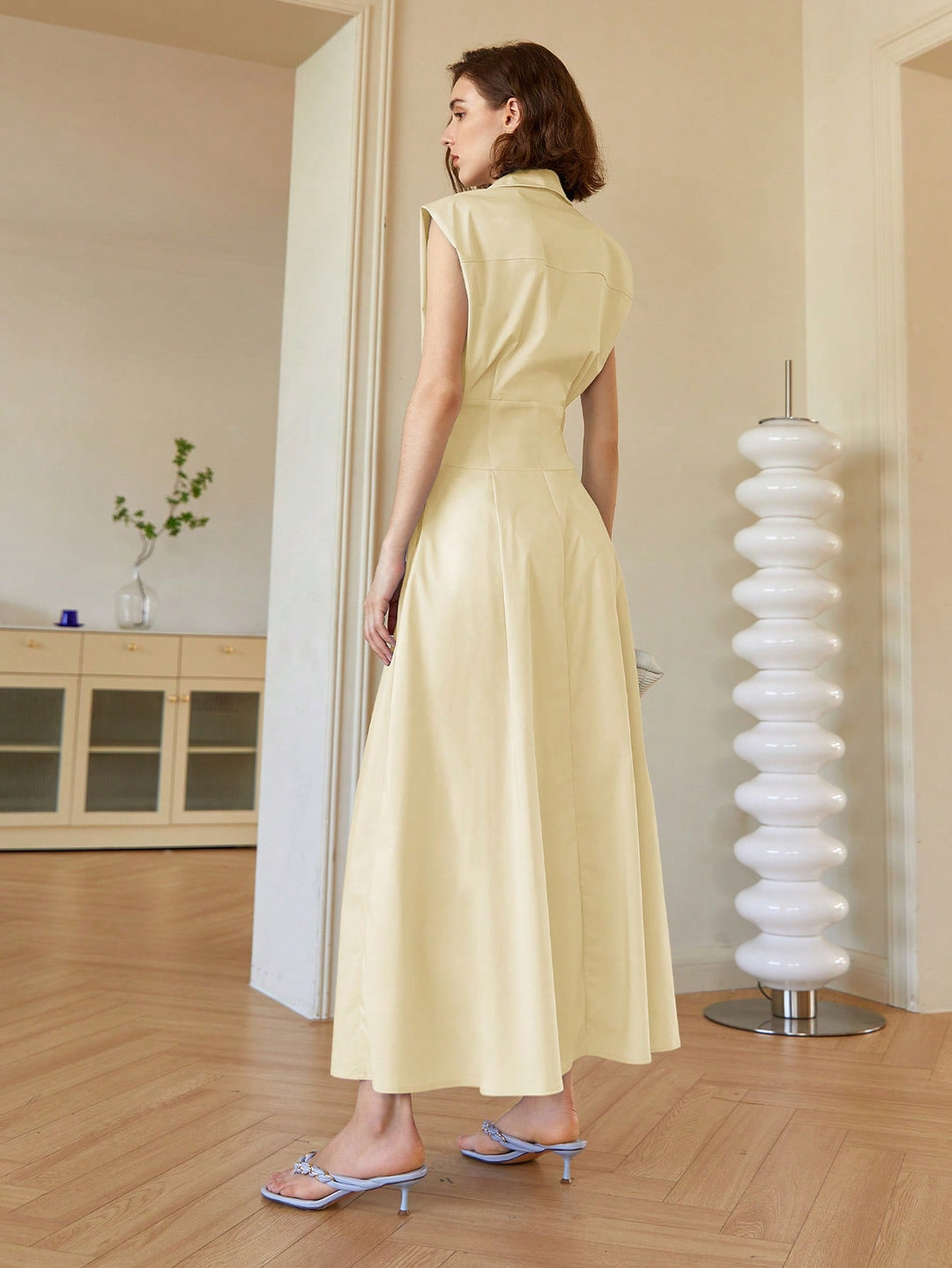 Cream Front Button Shirt Style Sleeveless Dress