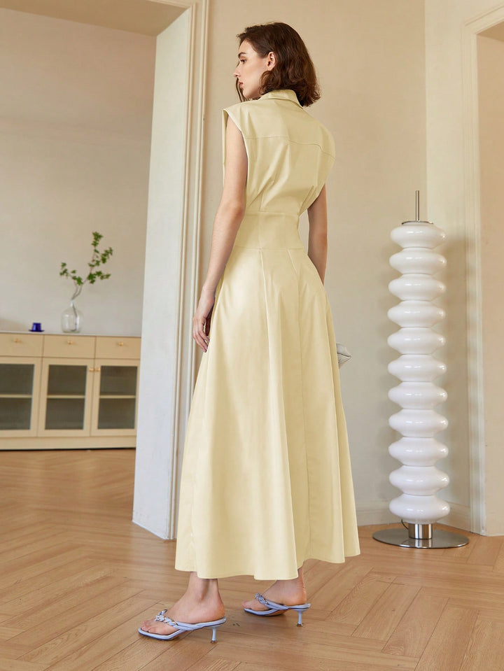 Cream Front Button Shirt Style Sleeveless Dress