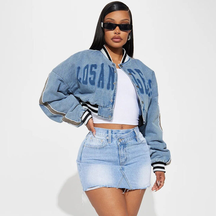 Blue Printed Button Crop Jacket