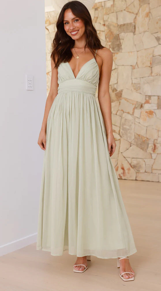 Green Plunge Neck Flowy Maxi