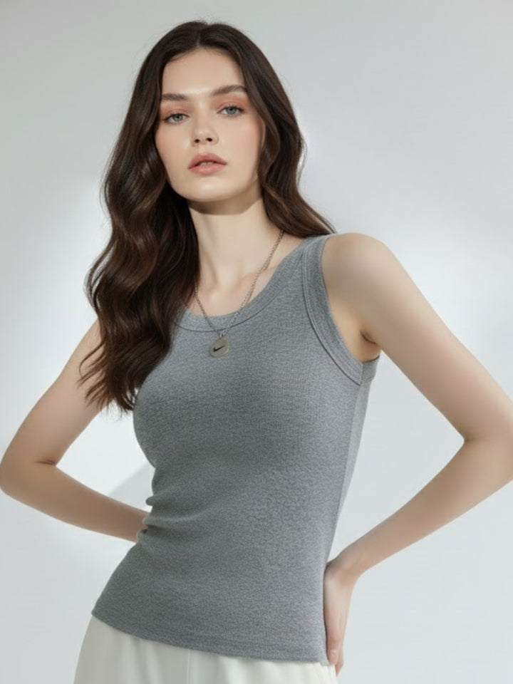 Grey Solid Ribbed Tank Top