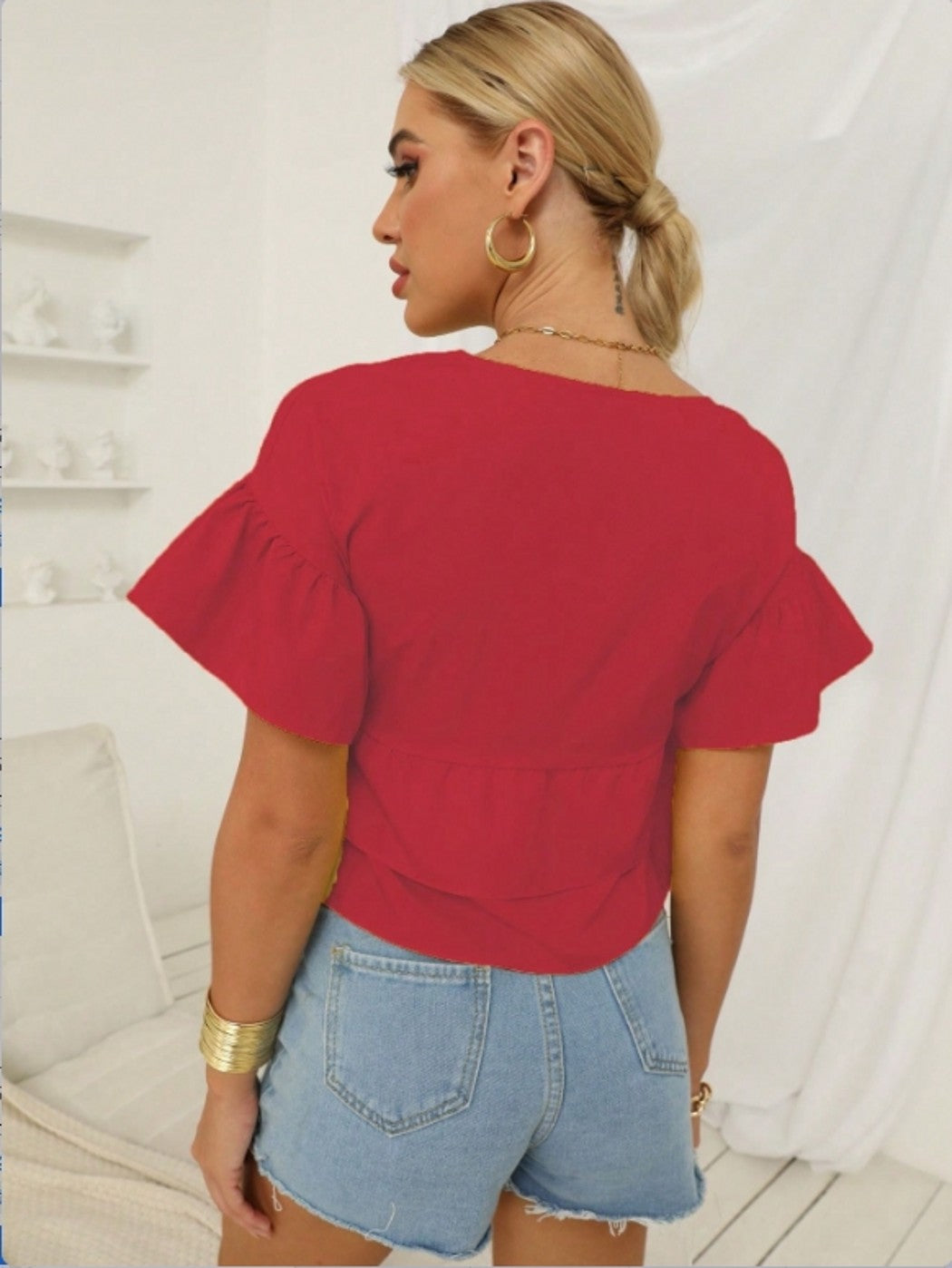 Red Ruffle Hem Peplum Top