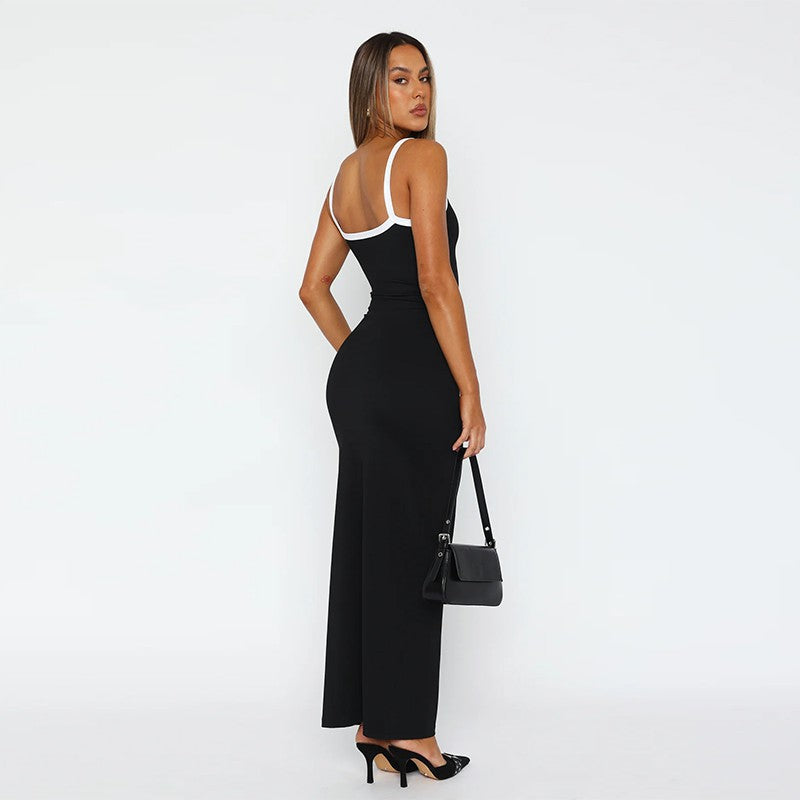Black Contrast Piping Bodycon Maxi Dress