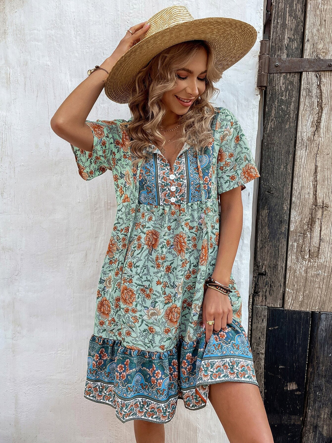 Green Half Sleeved Relaxed Fit Dress
