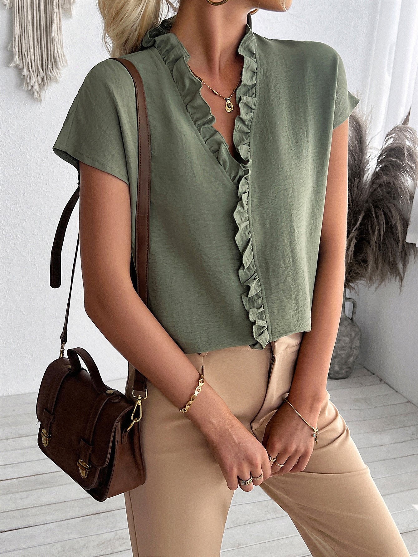 Green Half Sleeved Ruffle Detail Top