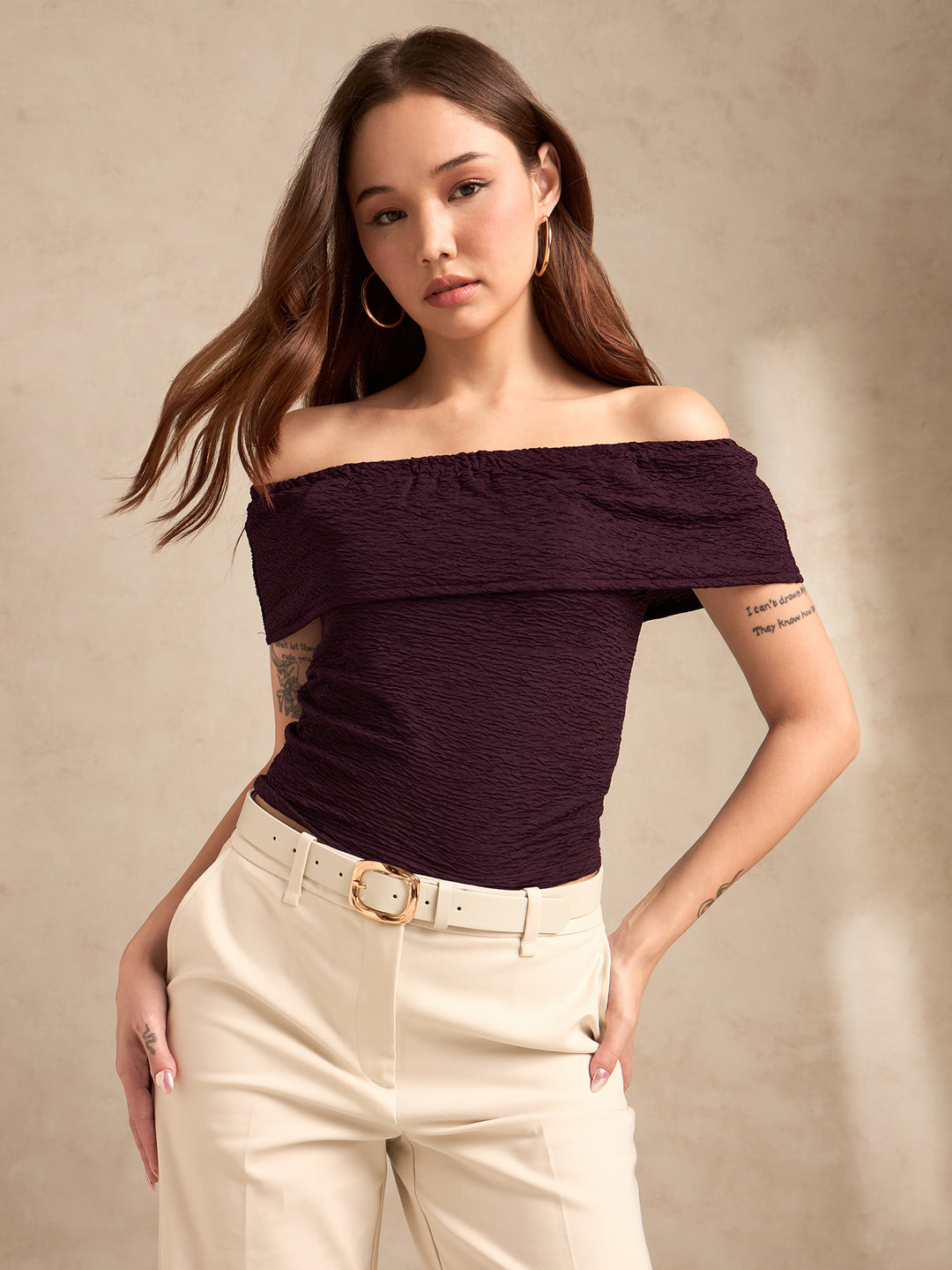 Wine Textured Off-Shoulder Rop