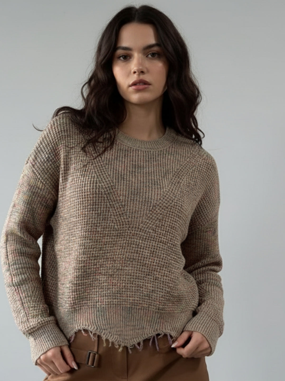 Beige Full Sleeve Crew Neck Fringe Hem Sweater