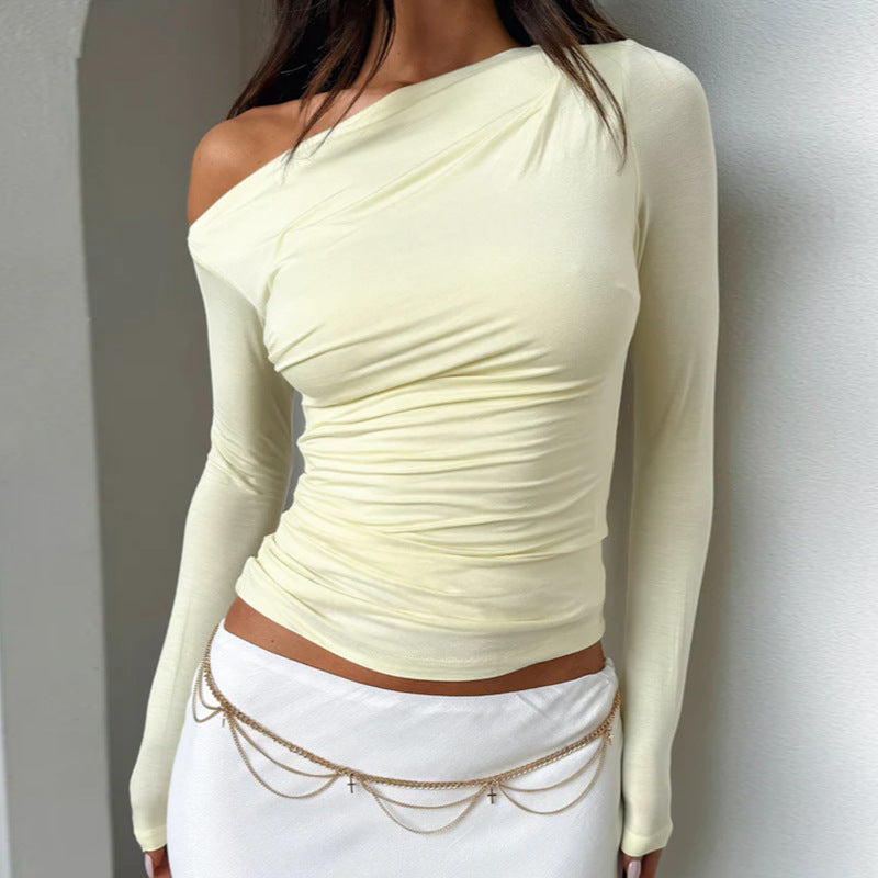 Yellow  One Shoulder Full Sleeves Fitted Top