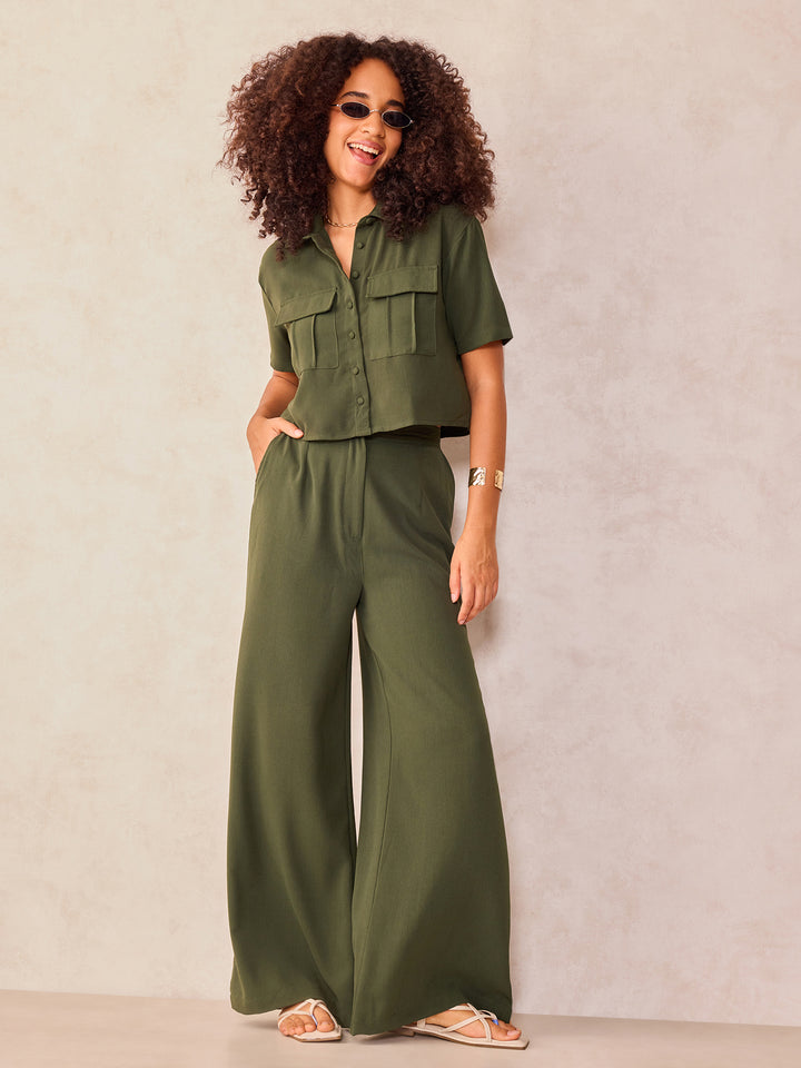 Olive Crop Shirt And Wide Leg Pant Coord Set