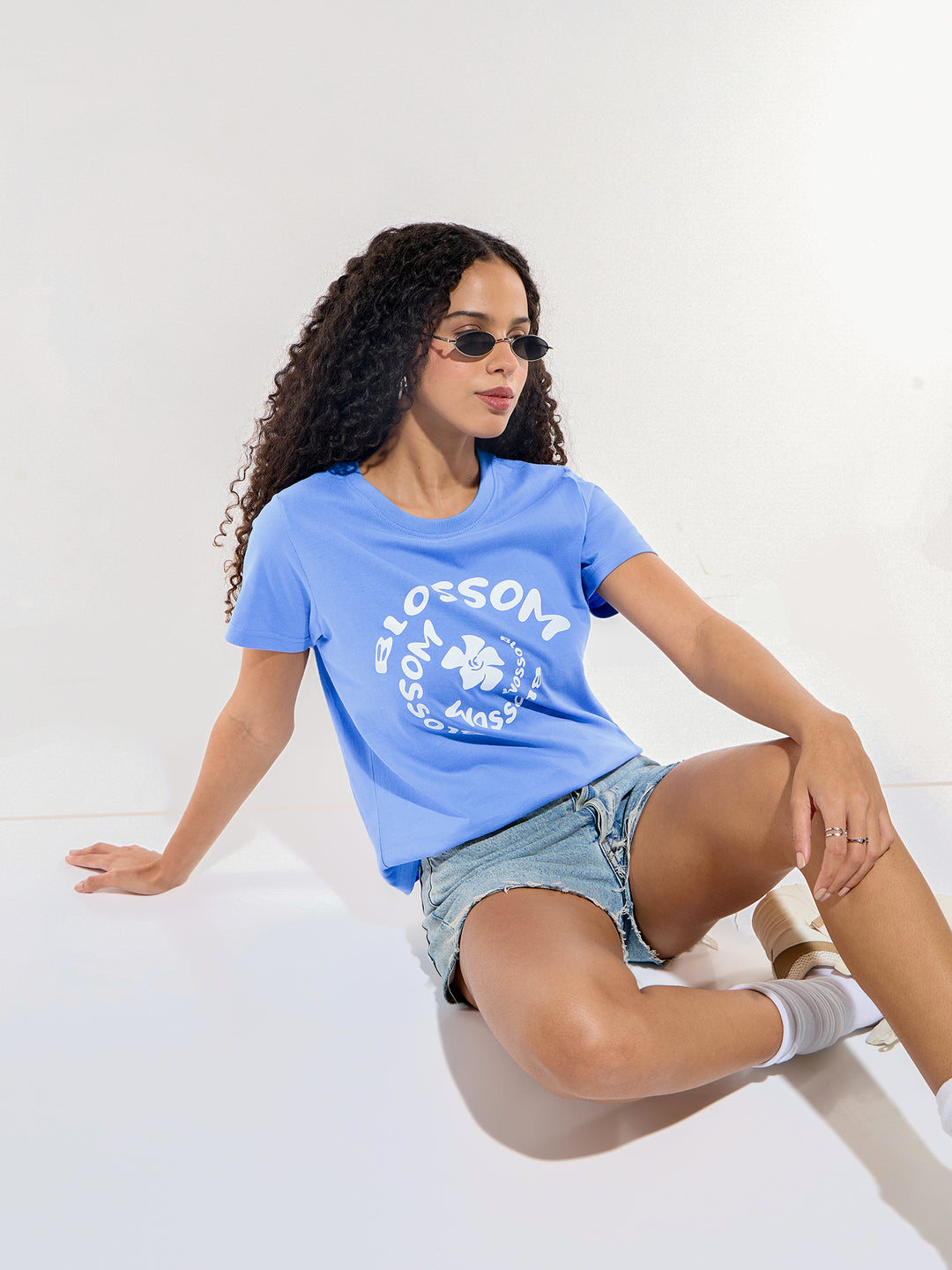 Blue Crew Neck Graphic Tshirt