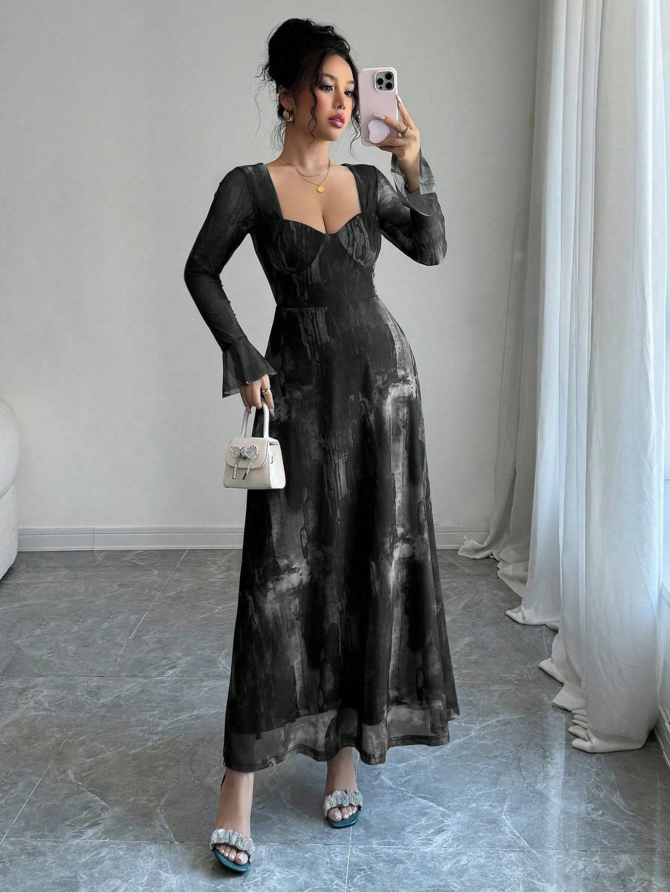 black flare sleeve maxi dress Hecate Lace Maxi Dress [B]