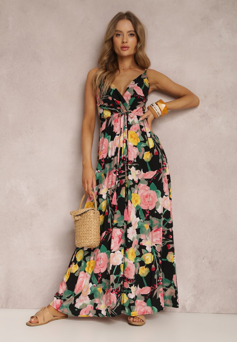 Black Shoulder Strap V Neck Printed Dress
