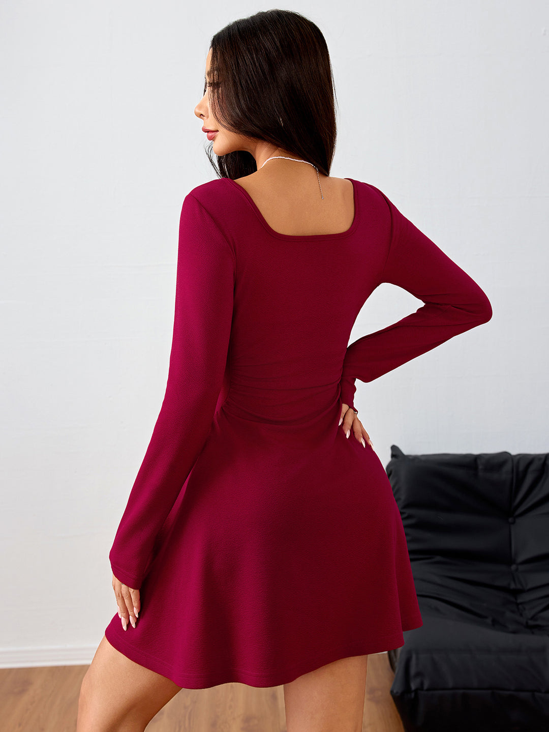 Wine Full Sleeve Round Neck Dress