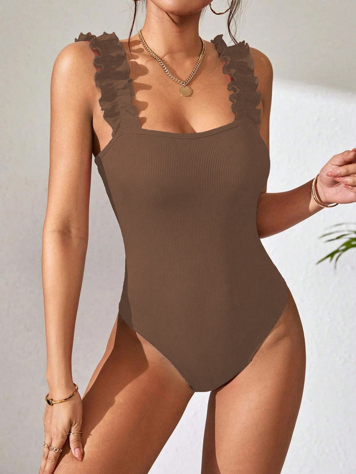 Brown Square Neck Ruffle Bodysuit