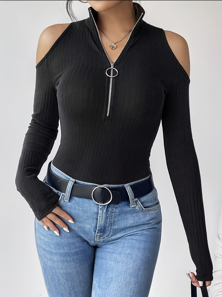 Black Cold Shoulder Front Zip Top