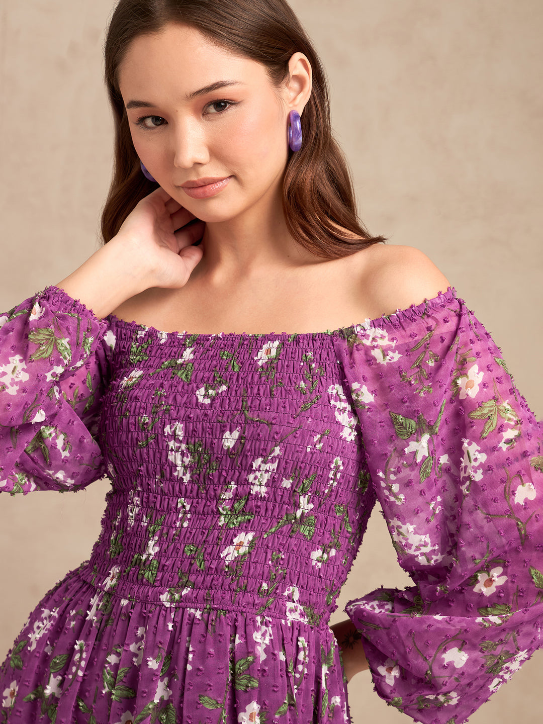 Purple Full Sleeves Printed Maxi Dress