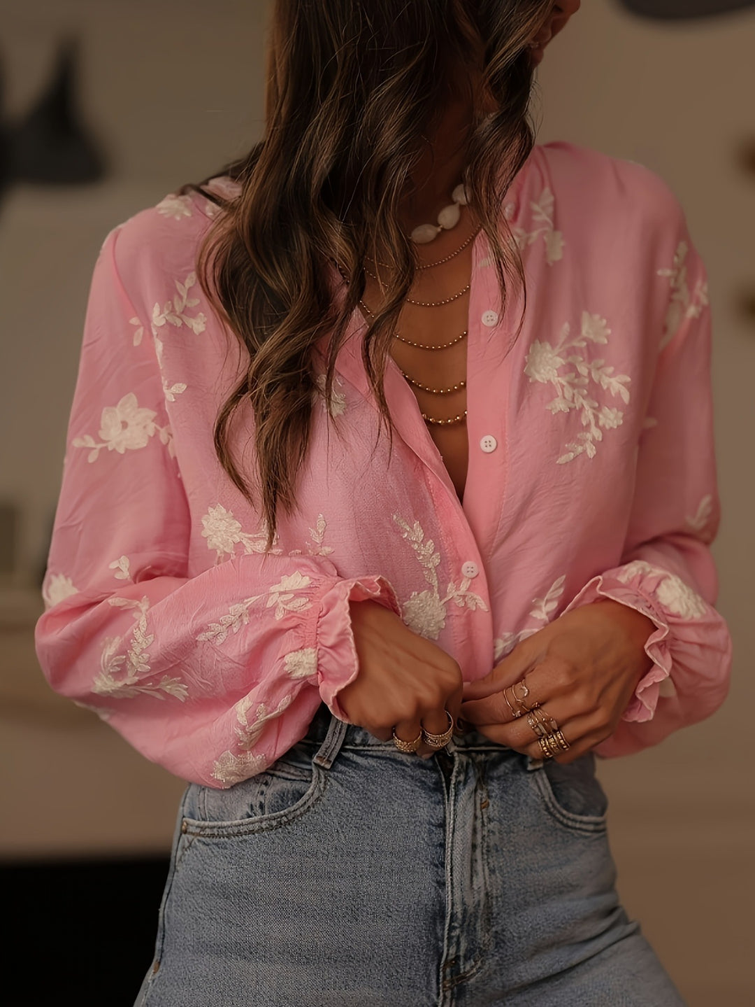 Pink  Bishop Sleeve Front Buttoned Embroidered Top