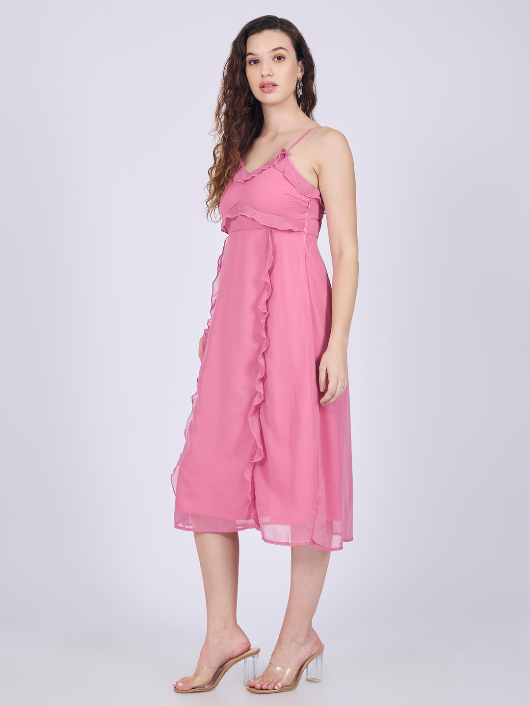 Pink Printed Ruffle Midi Dress