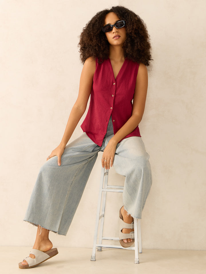 Wine Textured Cropped Shirt