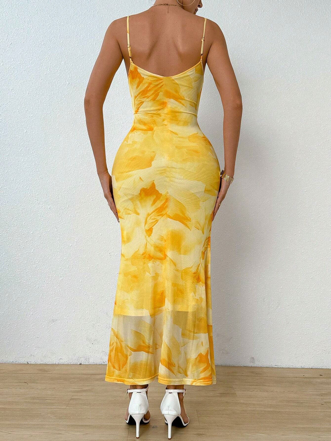 Yellow Printed Shoulder Strap Dress