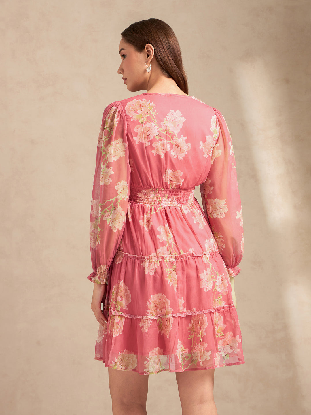 Pink Printed Full Sleeves Waist Smoked Dress