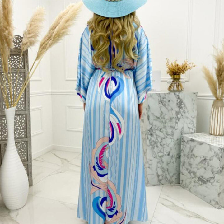 Blue V Neck Printed High Slit Maxi Dress