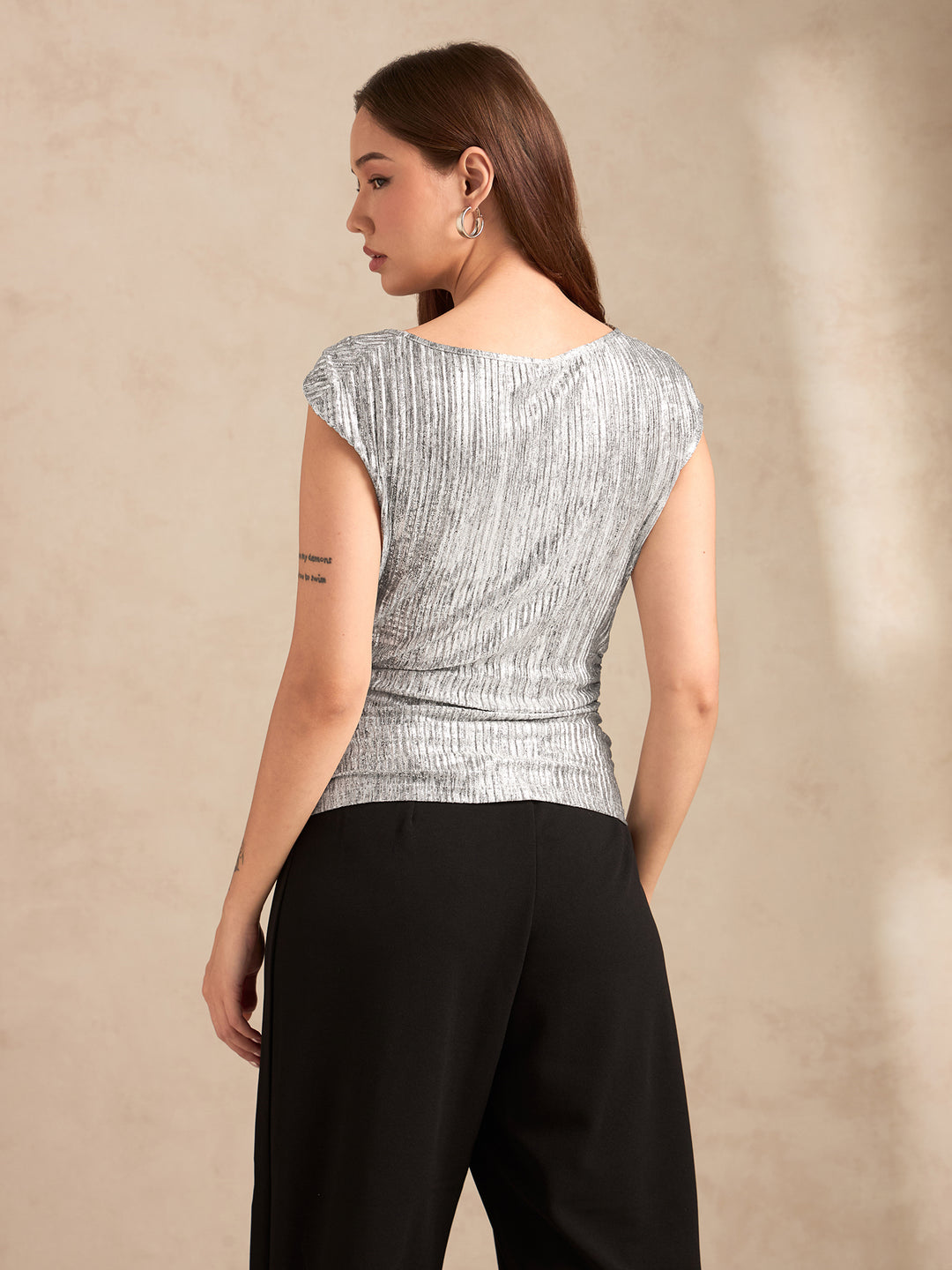 Silver Metallic Textured Twisted Strap Top