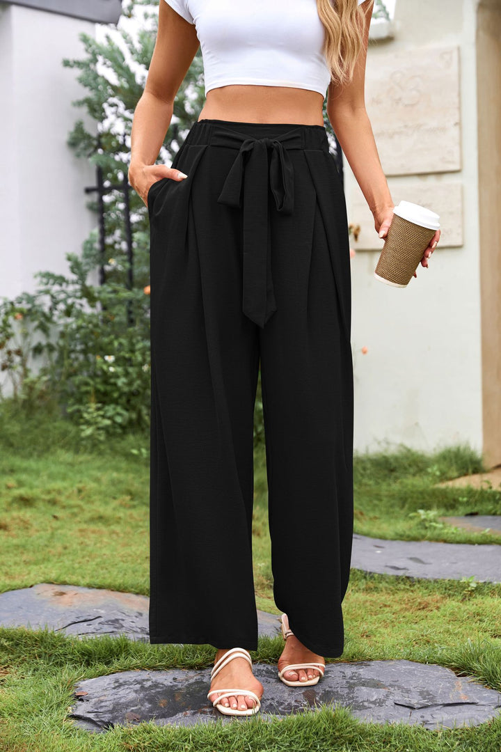 Black Knotted Elastic Band Flared Trousers