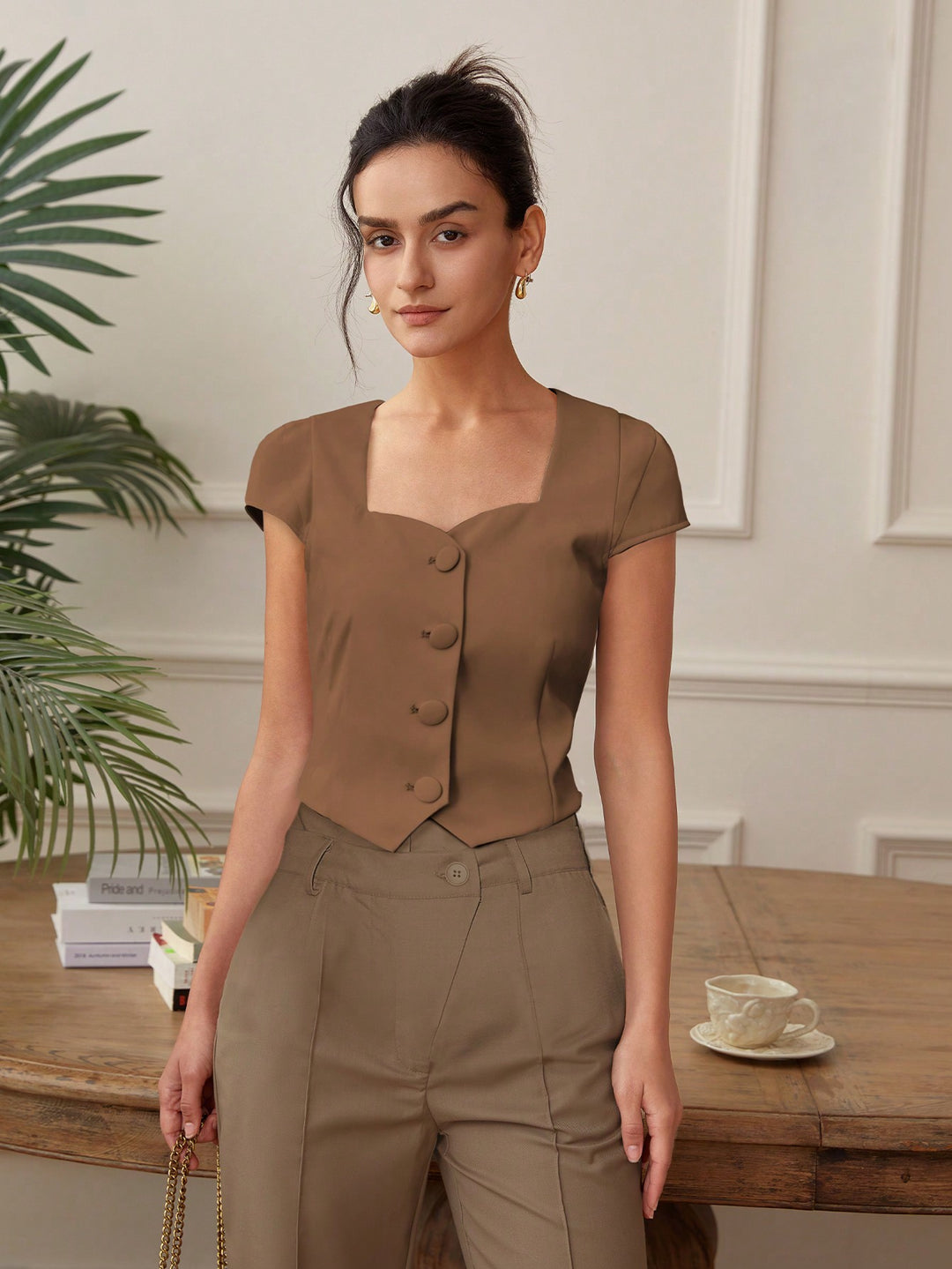 Brown Front Button  Top