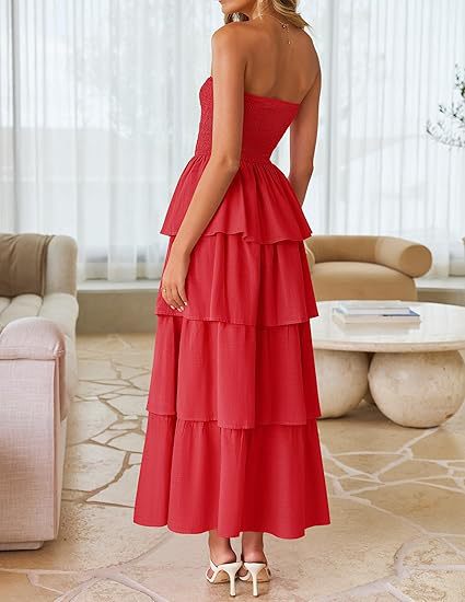 Red Tube Smoked Dress With Ruffled Layers