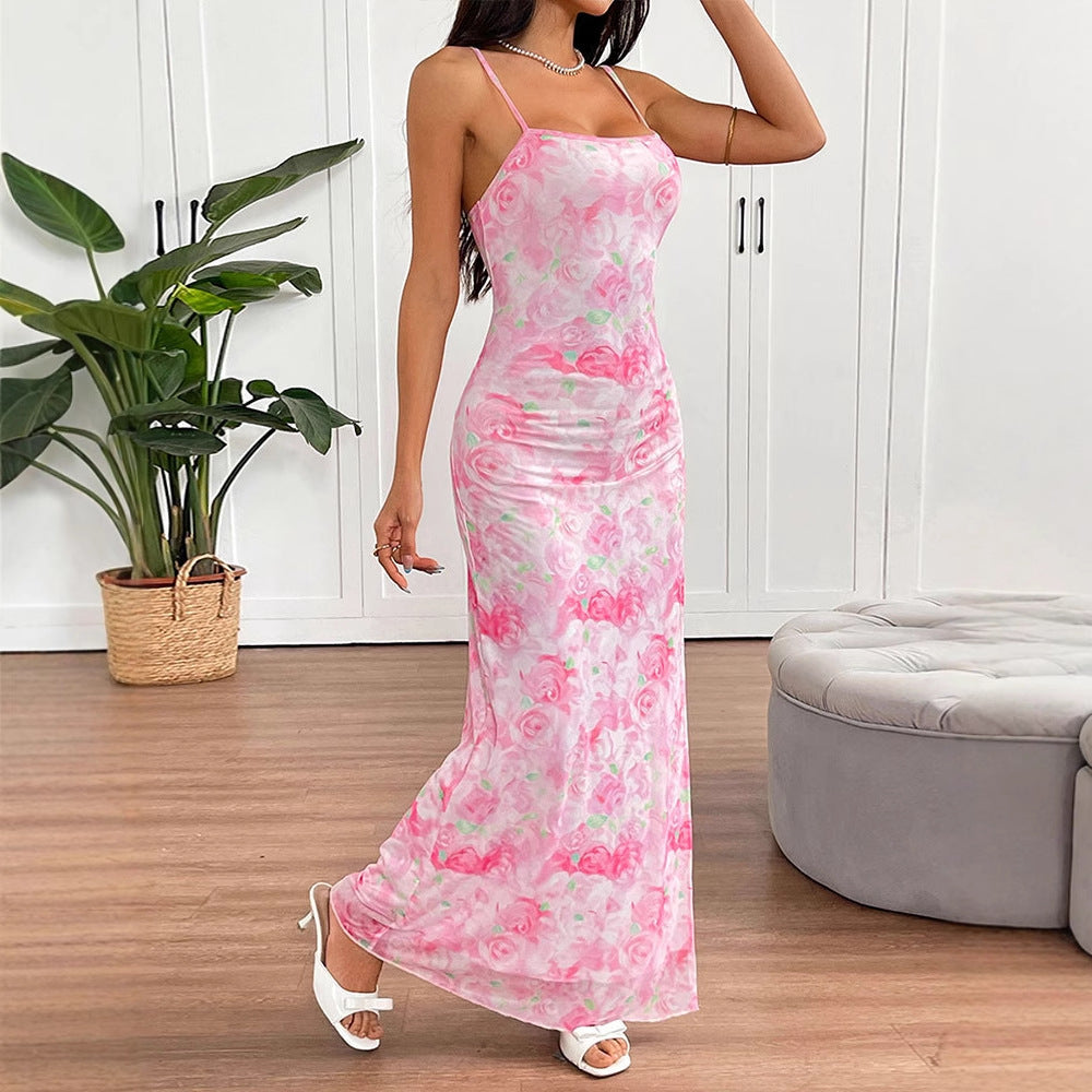 Pink Strappy Printed Maxi Dress