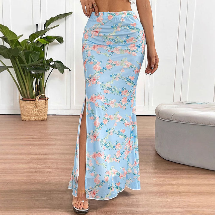 Blue Printed Mesh Fishtail Skirt