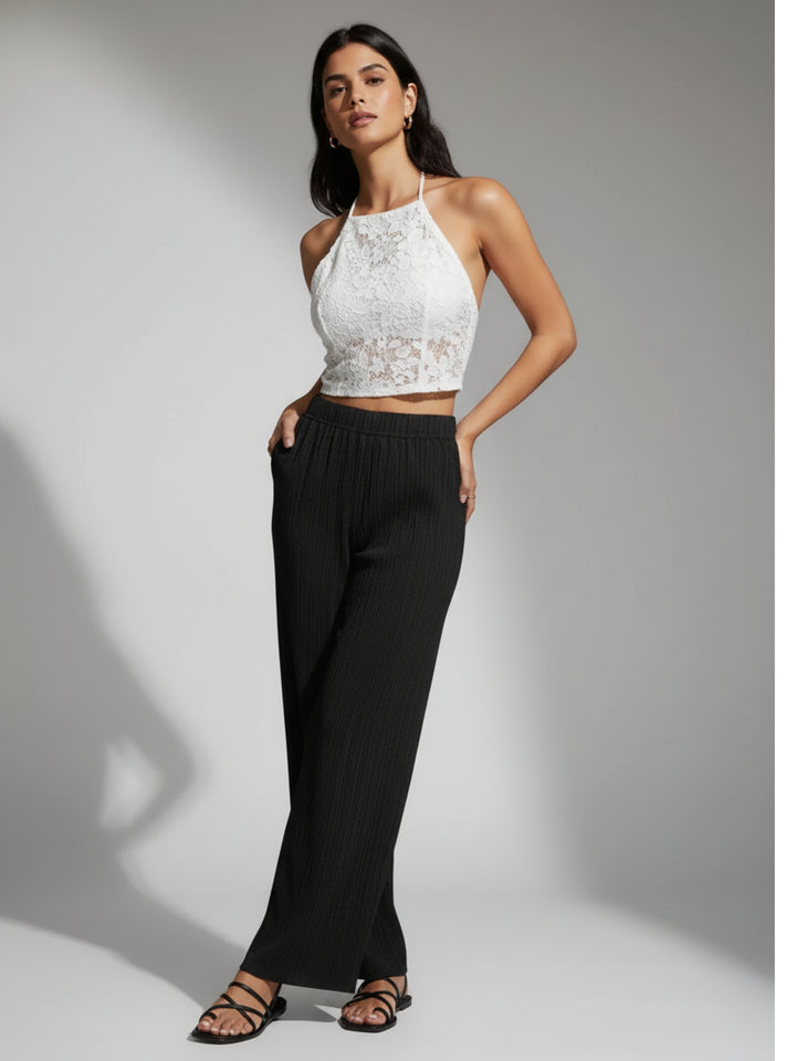 Black Flat Waistband Textured Wide Leg Trouser