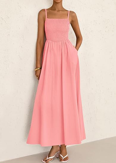 Pink Strappy Square Neck Cinched Waist Dress With Pockets