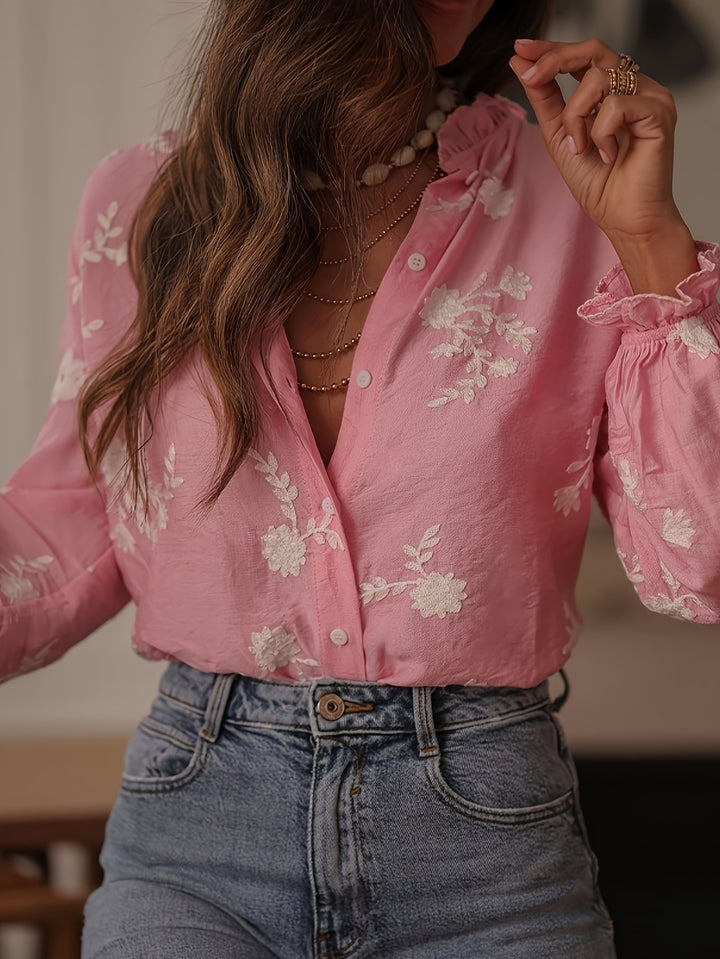 Pink  Bishop Sleeve Front Buttoned Embroidered Top