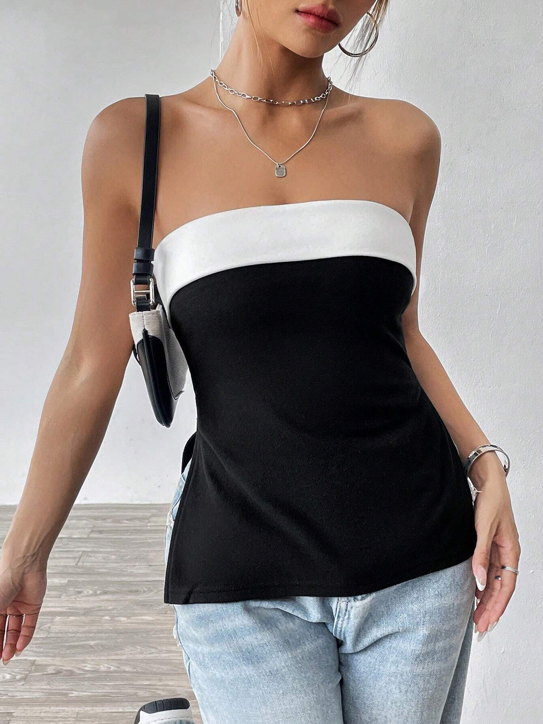 Black Strapless Colour Block Top