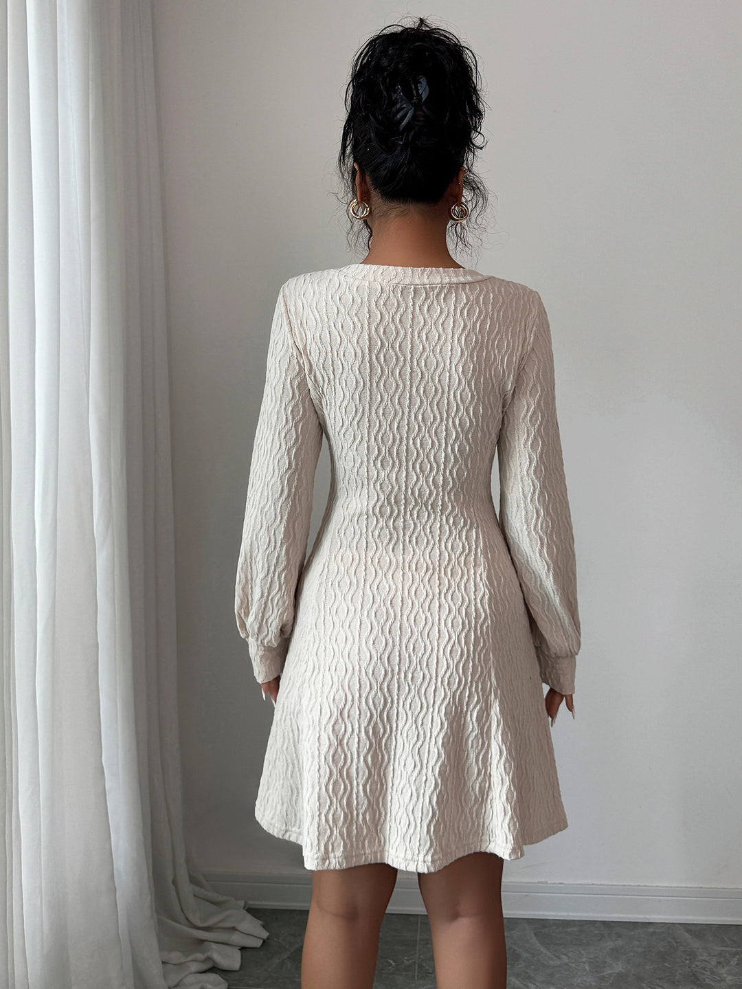 White Textured V Neck Mini Dress