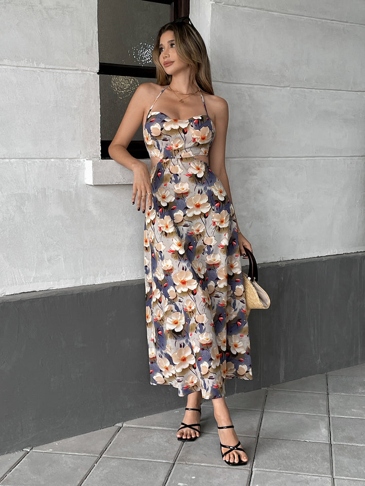Blue Printed  Waist Cut-Out Detail Dress