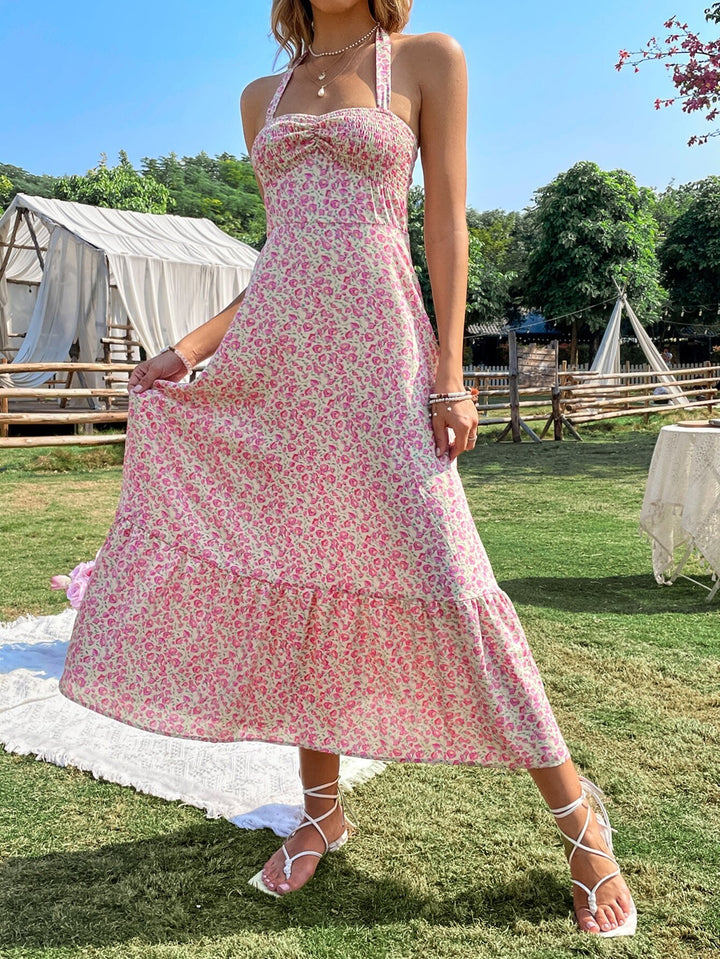 Pink Halter Neck Printed Dress