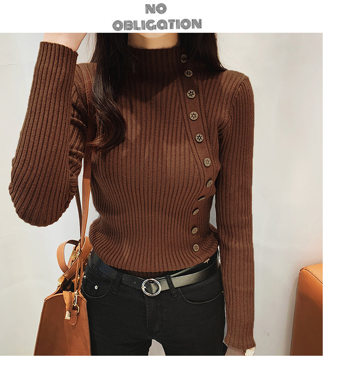 Brown Full Sleeve Button Trim Fitted Sweaters