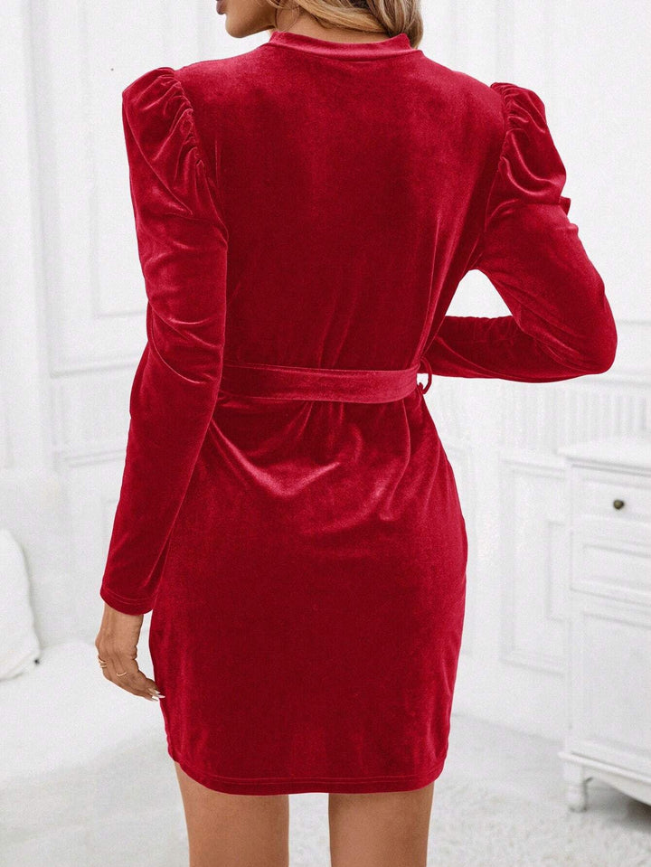 Red Full Puff Sleeved Bodycon Dress