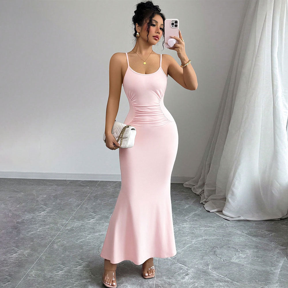Pink Shoulder Strap Waist Ruched Dress